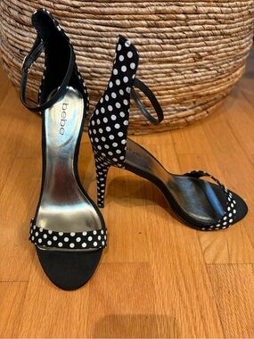 bebe Black and White Polka Dot Ankle-Strap Heels - Size 9